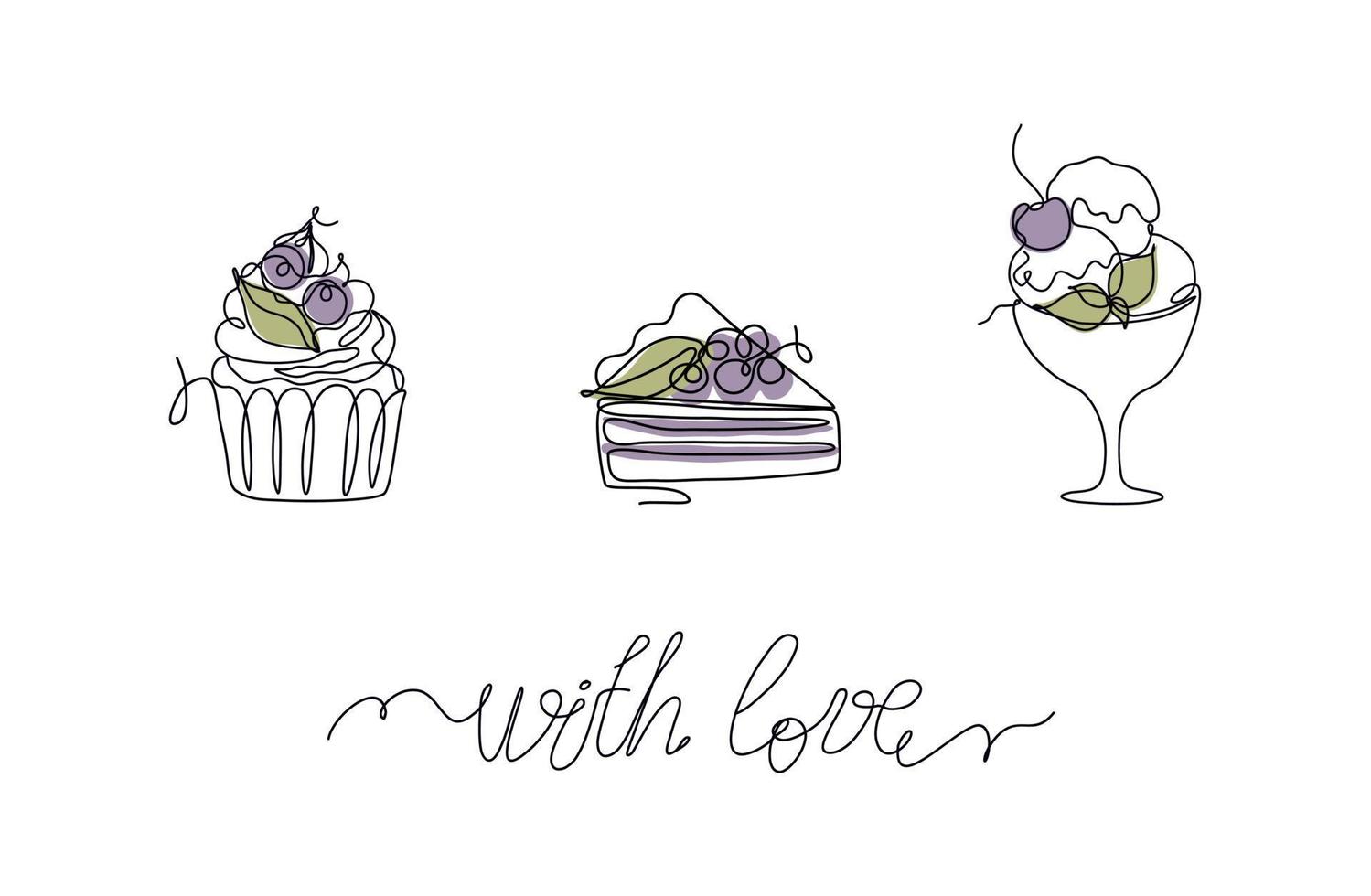 conjunto de arte de linha contínua de bolo, torta e sorvete em fundo branco. ilustração vetorial minimalista para decoração de restaurantes e cafés e design de férias. vetor