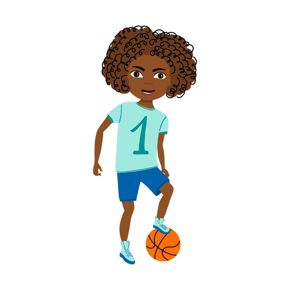 ilustração em vetor de atividade esportiva infantil. menino com bola. jogador de basquete. retrato de estilo cartoon isolado no fundo branco.