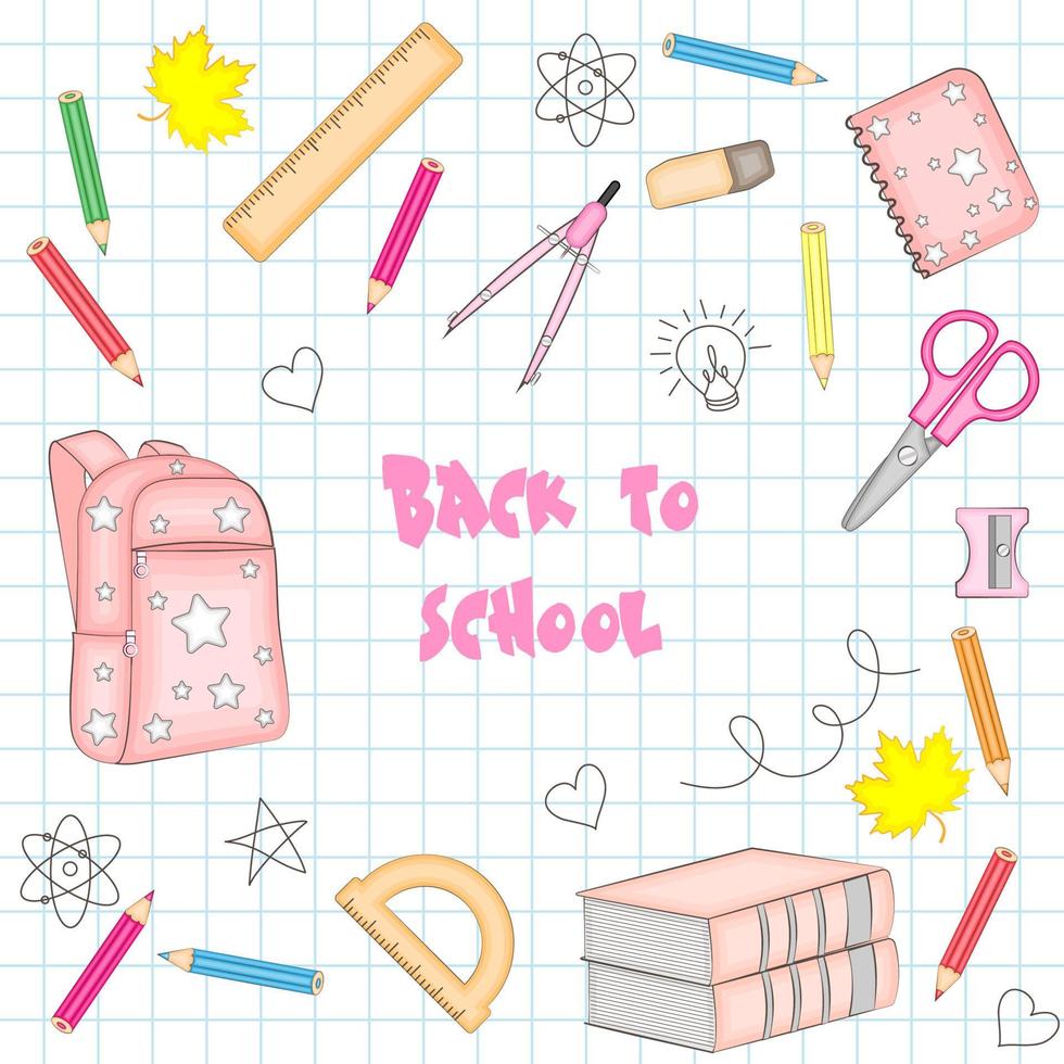 de volta ao cartaz da escola, material escolar em estilo doodle no fundo de um caderno quadriculado, ilustração vetorial vetor