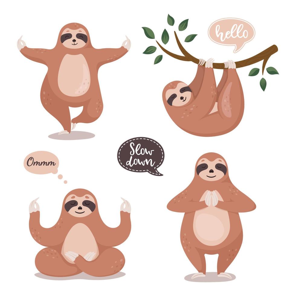 conjunto de preguiças fofas penduradas na árvore e fazer ioga. coleção de preguiça engraçada dos desenhos animados. clipart vetorial vetor