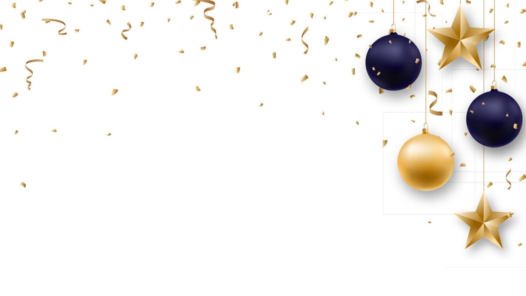fundo de natal com bolas de ouro e azuis brilhantes, serpentina e confetes. modelo de design de ano novo. vetor