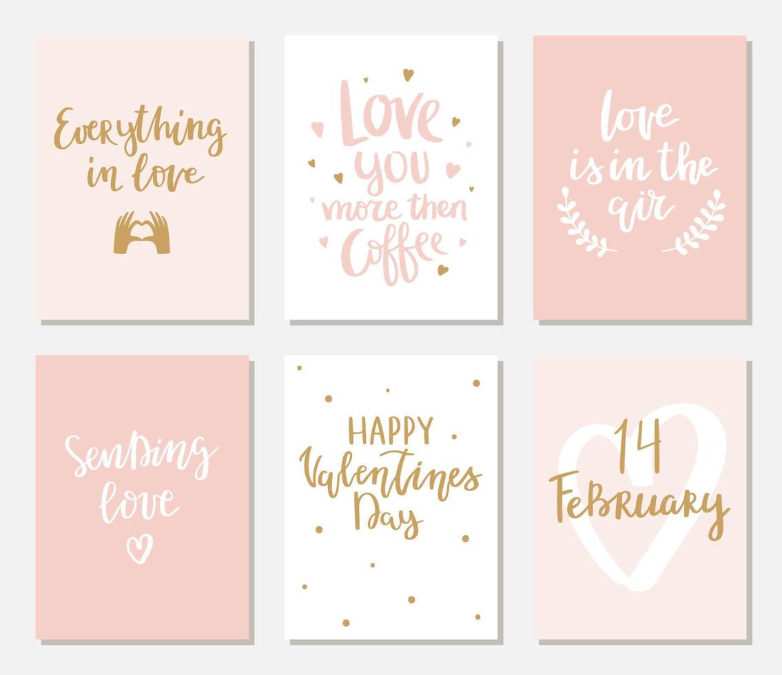 conjunto de cartões de dia dos namorados desenhados à mão simples. coleção de desenhos de feliz dia dos namorados com letras. ilustração vetorial vetor