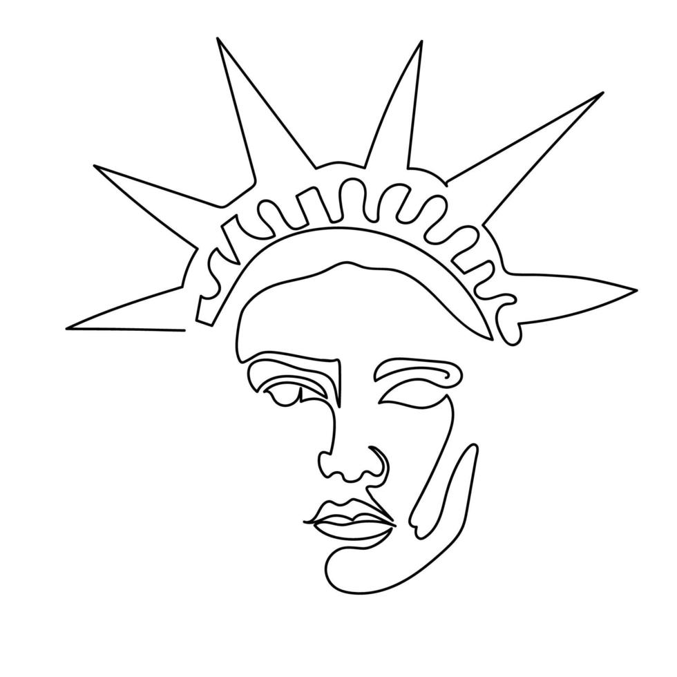 uma linha de rosto de estátua da liberdade. ilustração vetorial linear contínua minimalista. arte de parede moderna patriótica. vetor