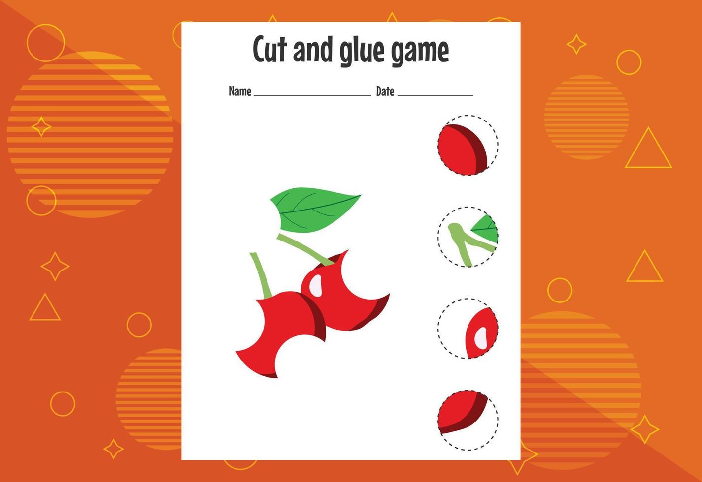 jogo de corte e colagem para crianças com frutas. prática de corte para pré-escolares. página de educação vetor