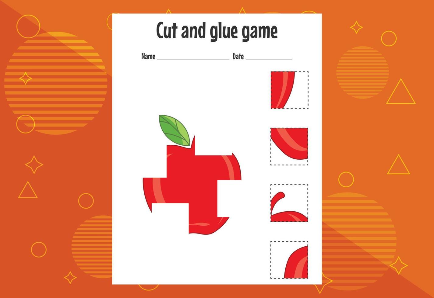 jogo de corte e colagem para crianças com frutas. prática de corte para pré-escolares. página de educação vetor