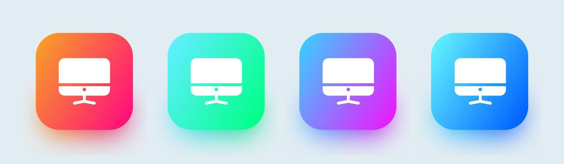 ícone sólido de computador em cores gradientes quadrados. monitor de desktop sinais ilustração vetorial. vetor