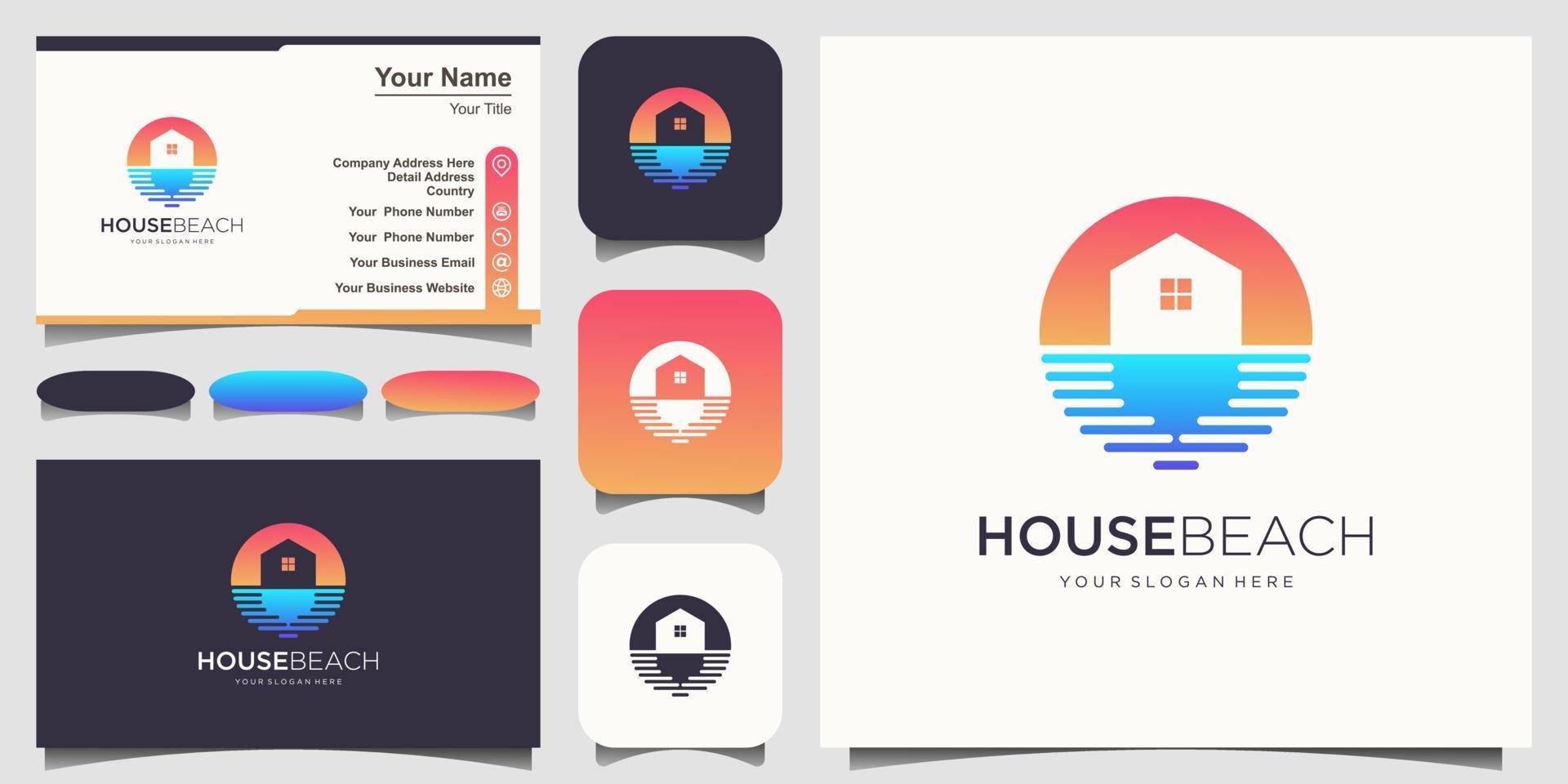 modelo de design de logotipo de casa de praia e cartão de visita. vetor