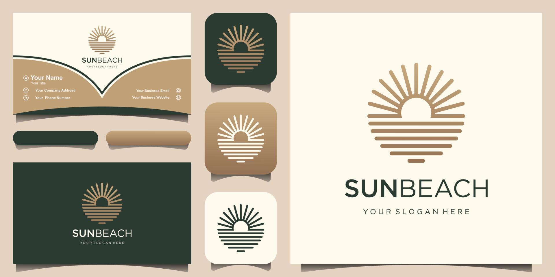 modelo de design de logotipo de onda do sol do oceano e design de cartão de visita vetor
