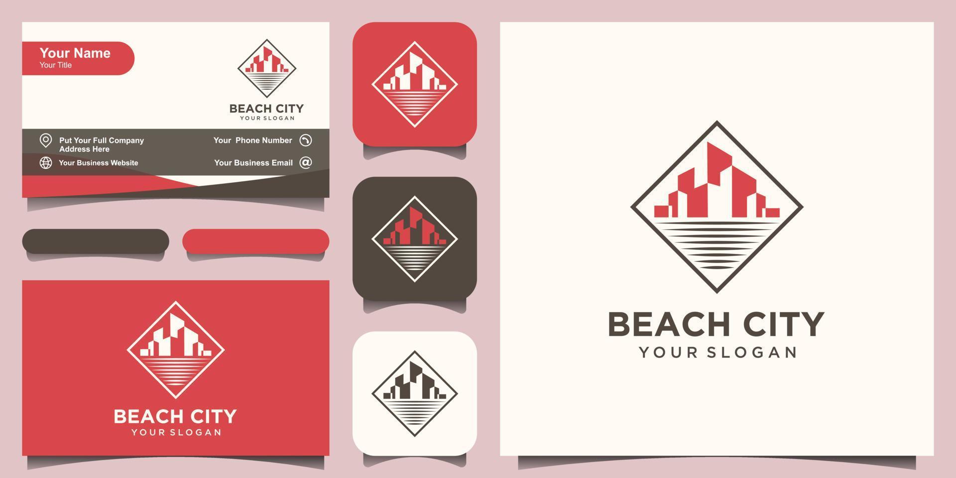 modelo de design de logotipo de cidade de praia e design de cartão de visita. vetor