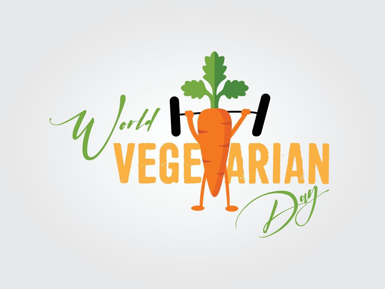 logotipo de tipografia de ilustração vetorial dia vegetariano mundial. levante o peso do clipart de vetor de cenoura. ideia de conceito para alimentos, vegetais, academia, estilo de vida saudável, dieta, ioga e publicidade