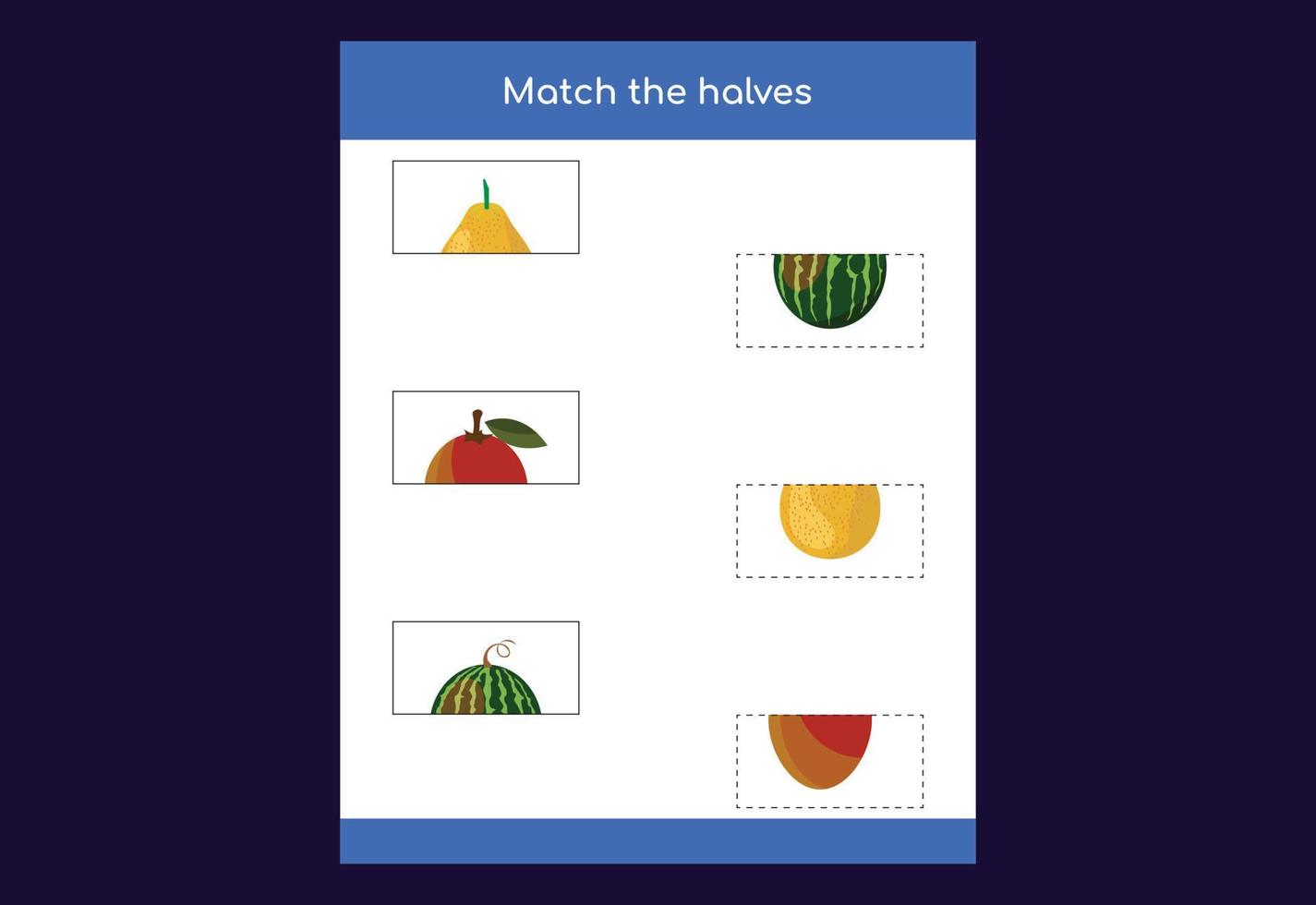 jogo de correspondência. combinar metades de frutas. jogo educativo para crianças, planilha para impressão vetor