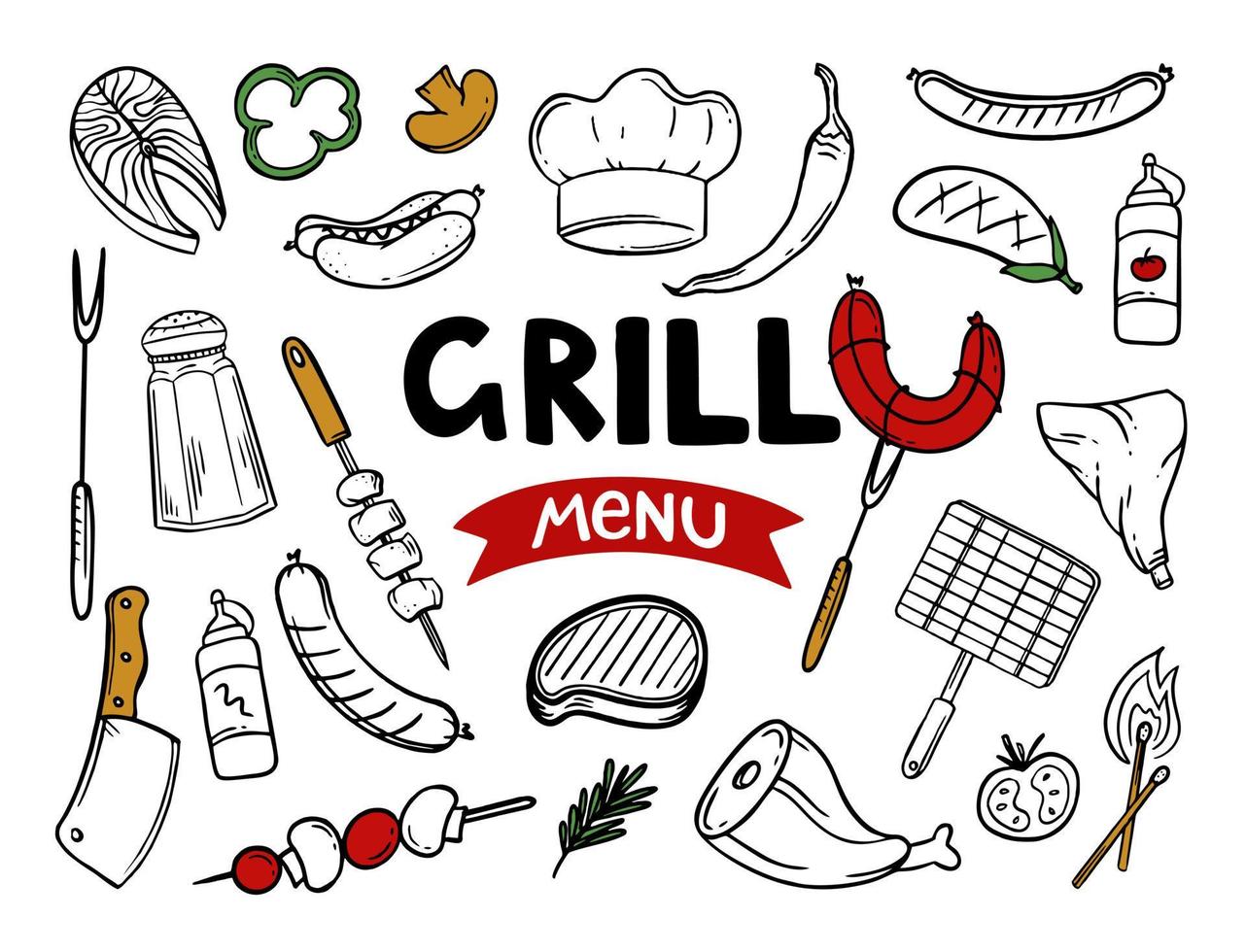 menu de grelhados itens de menu desenhados à mão do restaurante bar café ilustração vetorial de rabiscos de comida de churrasco vetor
