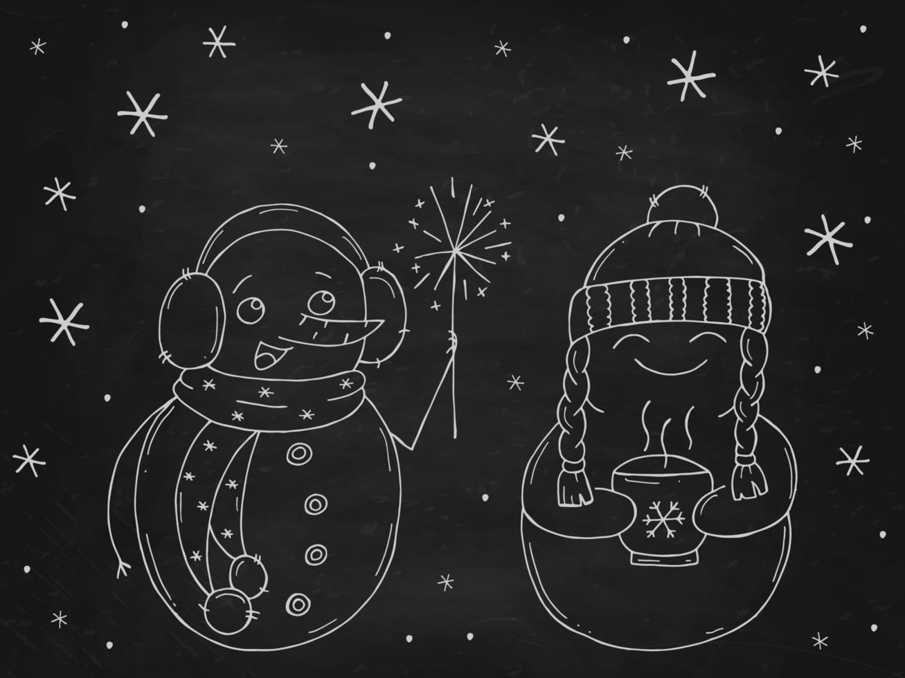 conjunto de bonecos de neve bonitos em um quadro de giz preto. ilustração vetorial em estilo doodle. clima de inverno. olá 2023. feliz natal e feliz ano novo. vetor