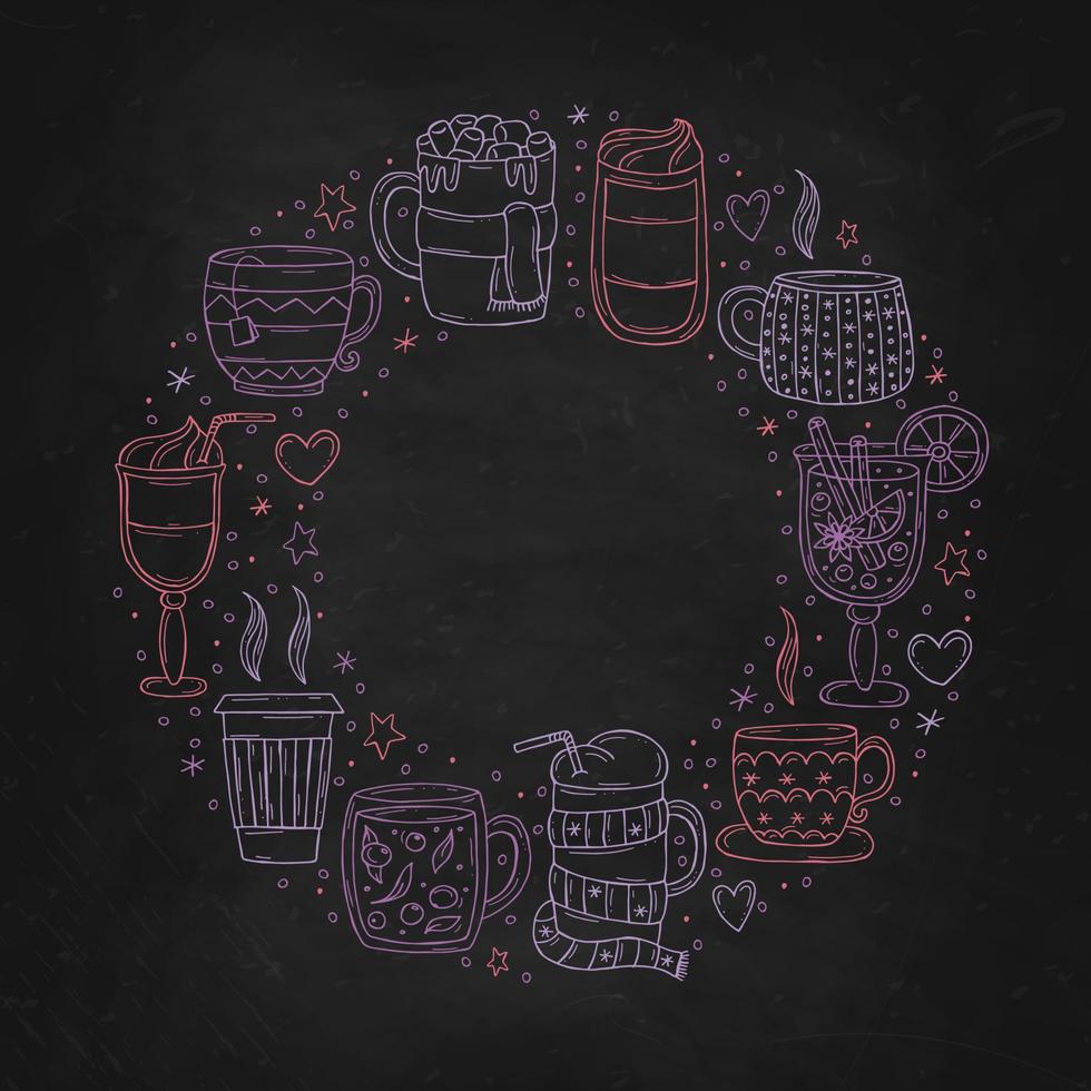 conjunto de bebidas de inverno de aquecimento em um quadro de giz preto. ilustração vetorial em estilo doodle. clima de inverno. olá 2023. feliz natal e feliz ano novo. vetor