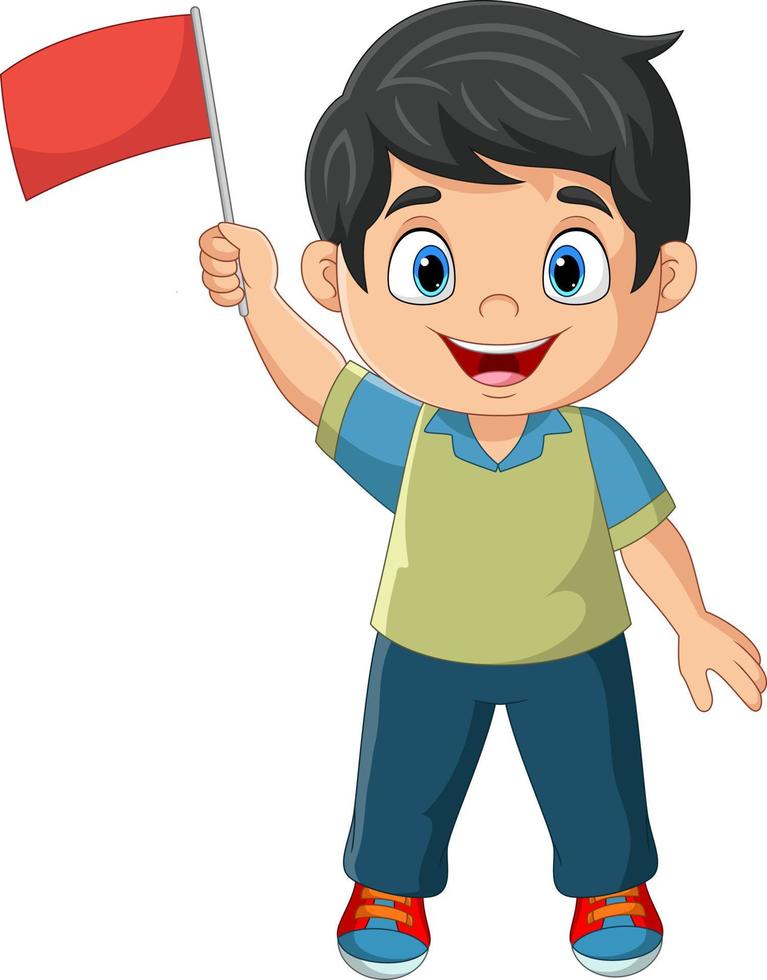 desenho animado garotinho segurando bandeira vermelha vetor