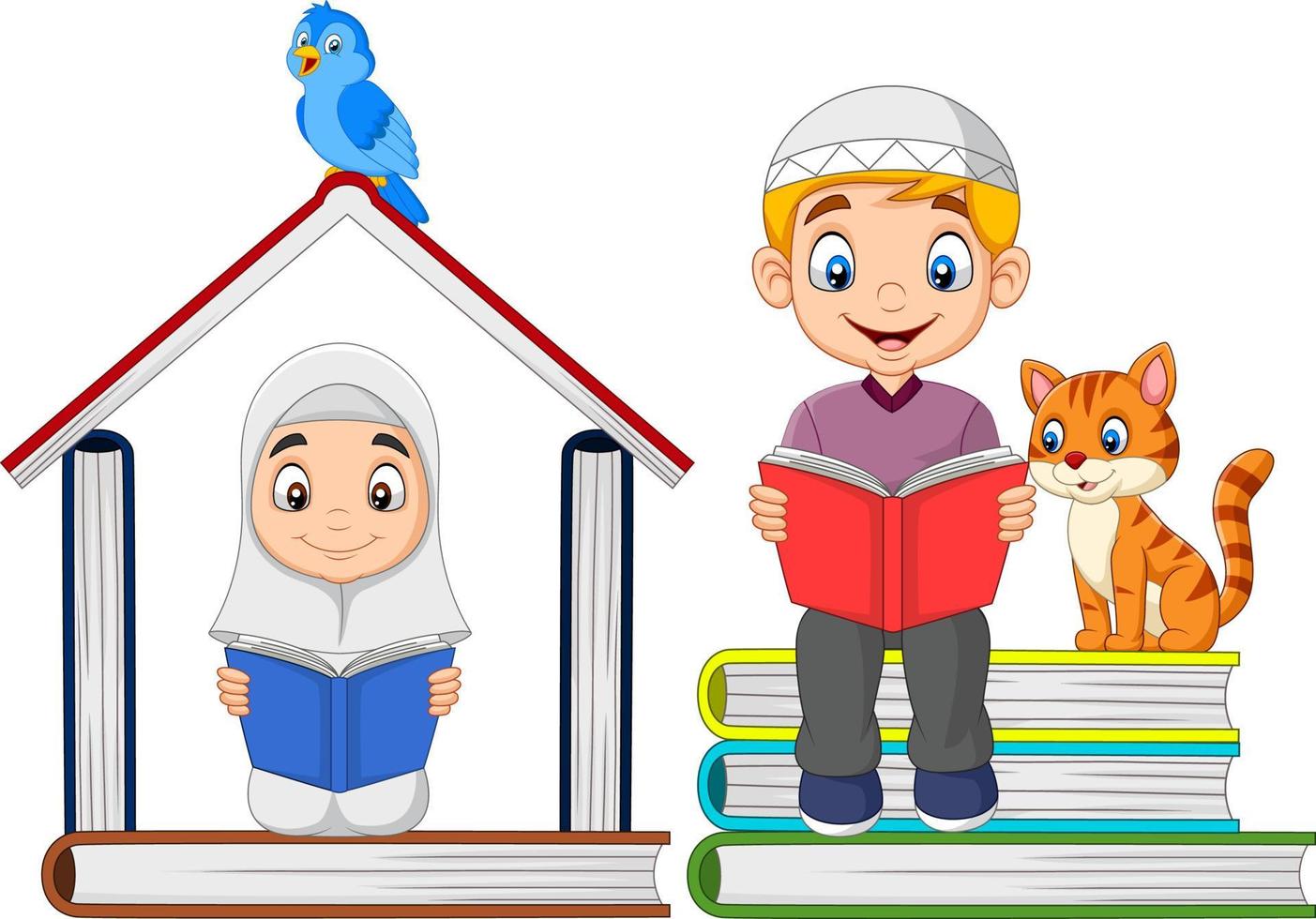 crianças muçulmanas dos desenhos animados lendo um livro com pilha de livros e formando uma casa vetor