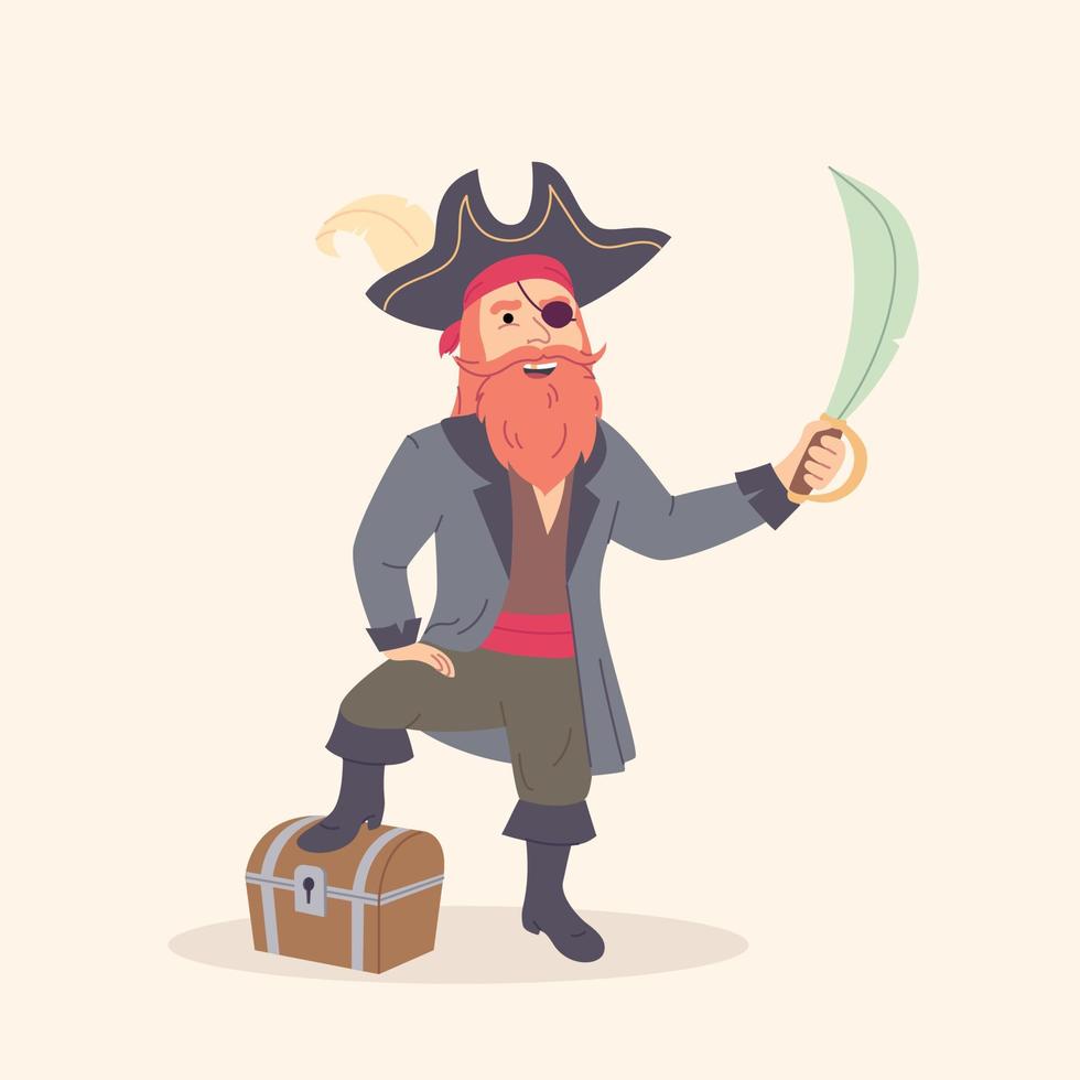 ilustração vetorial de pirata com baú de tesouro velho e espada vetor