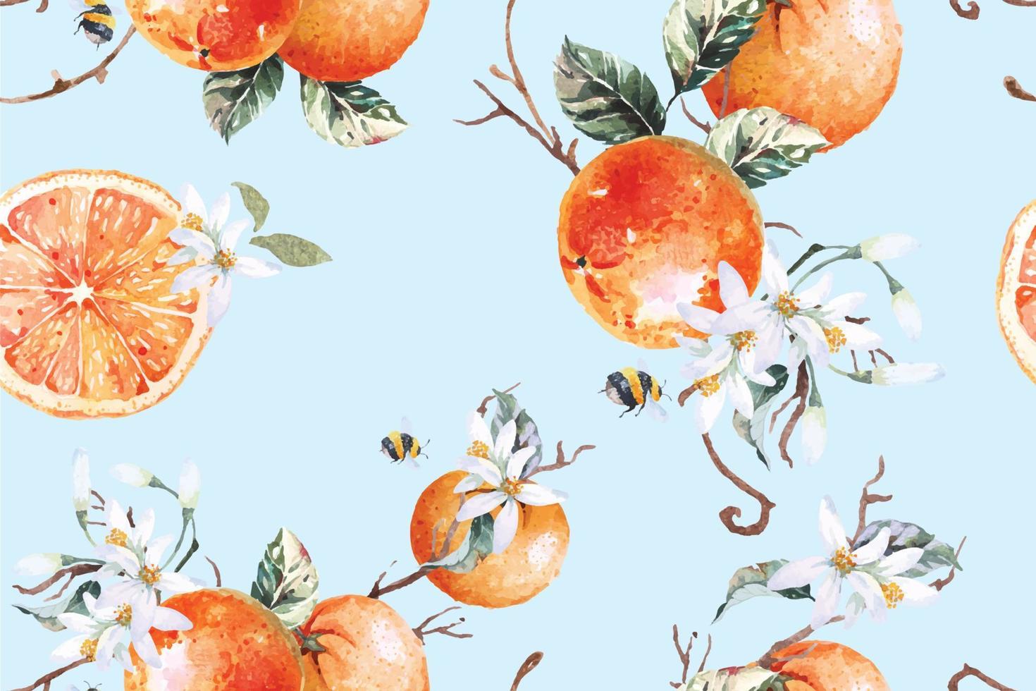 sem costura padrão de tangerinas com aquarela para tecido luxuoso e papel de parede, estilo vintage. e flores, caules e folhas. fatia de frutas orange.citrus. ilustração de mandarim. vetor