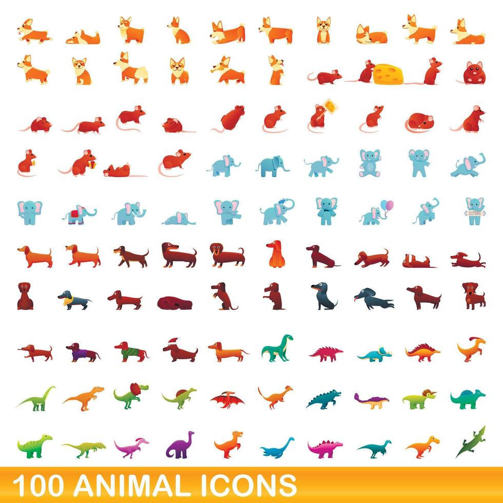 conjunto de 100 ícones de animais, estilo cartoon vetor