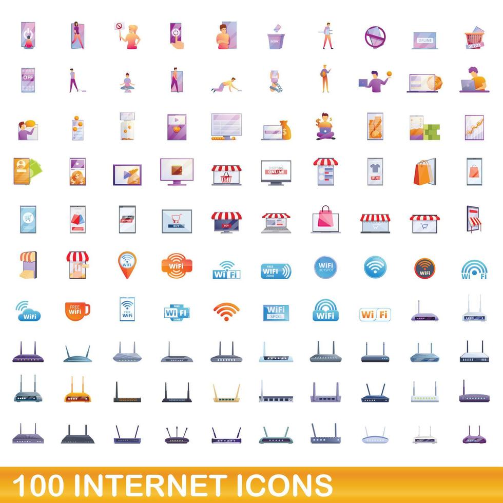 conjunto de 100 ícones da internet, estilo cartoon vetor