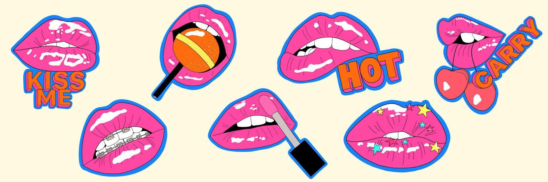 conjunto de adesivos de lábios fofos em quadrinhos engraçados. ilustração moderna para pôster, cartão postal ou plano de fundo. ilustração vetorial de lábios de arte pop vetor