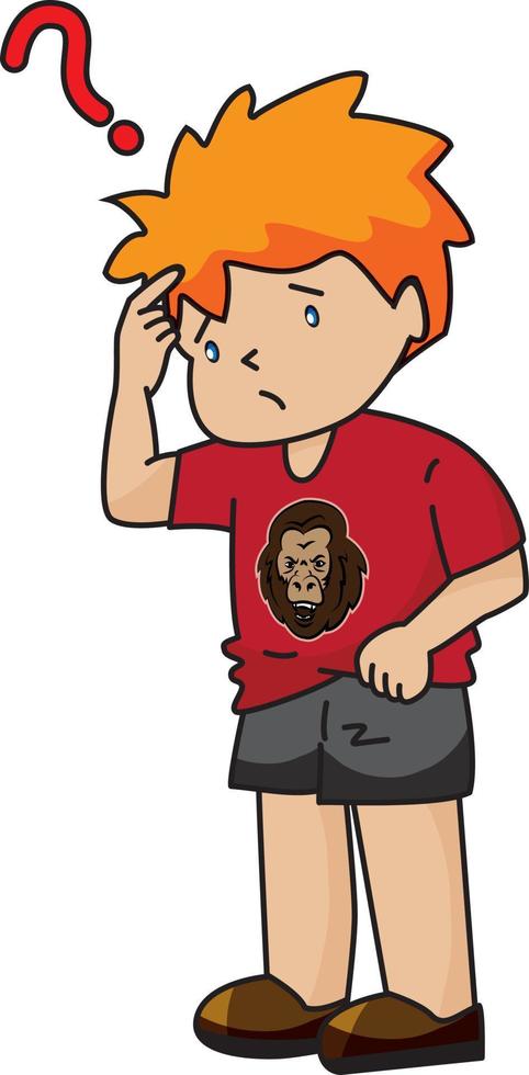 menino confuso na camisa vermelha do gorila vetor