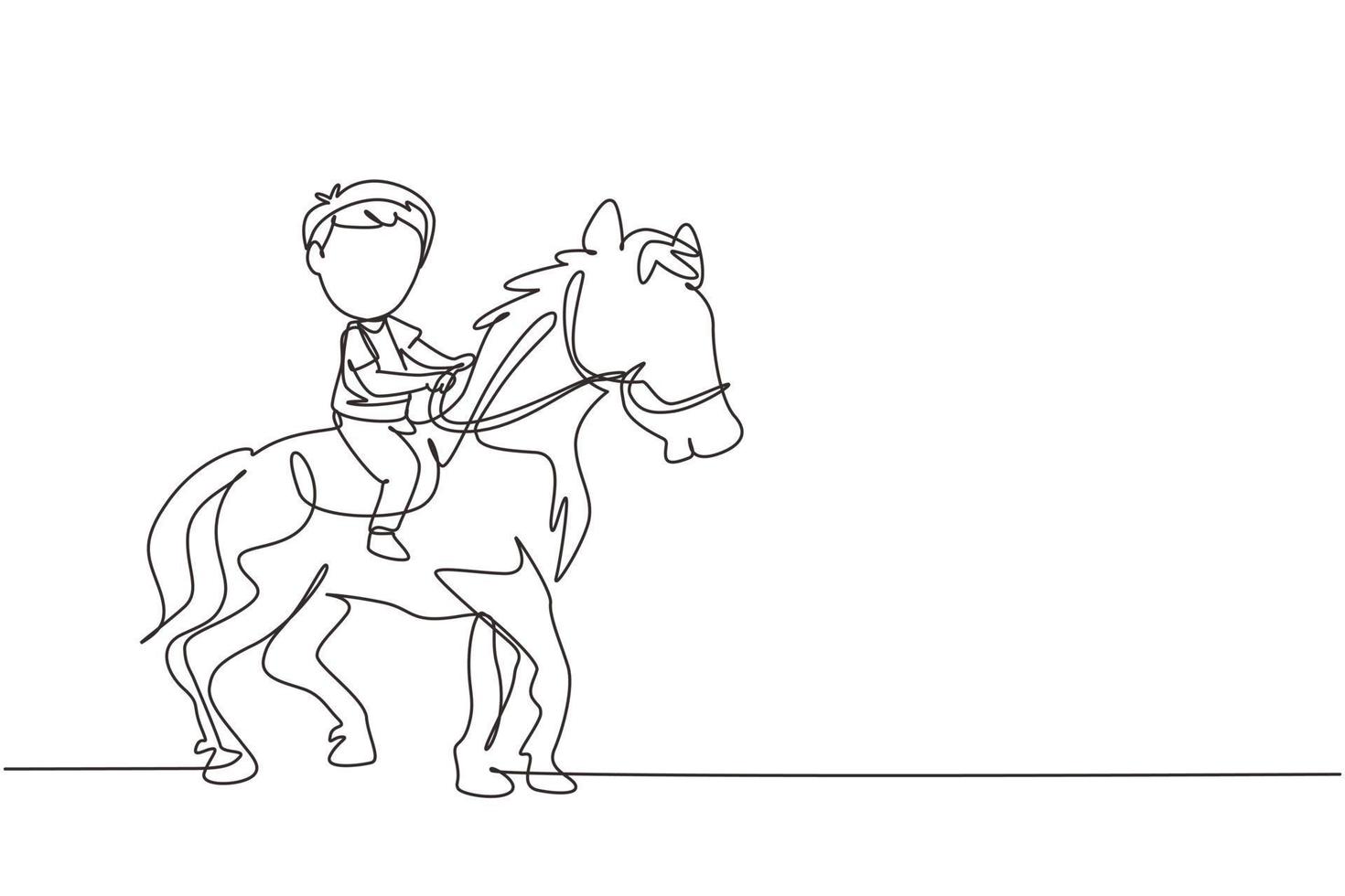 único desenho de linha contínua menino bonito feliz montando cavalo bonito. criança sentada no cavalo traseiro com sela no parque da fazenda. crianças aprendendo a andar a cavalo. uma linha desenhar ilustração em vetor design gráfico