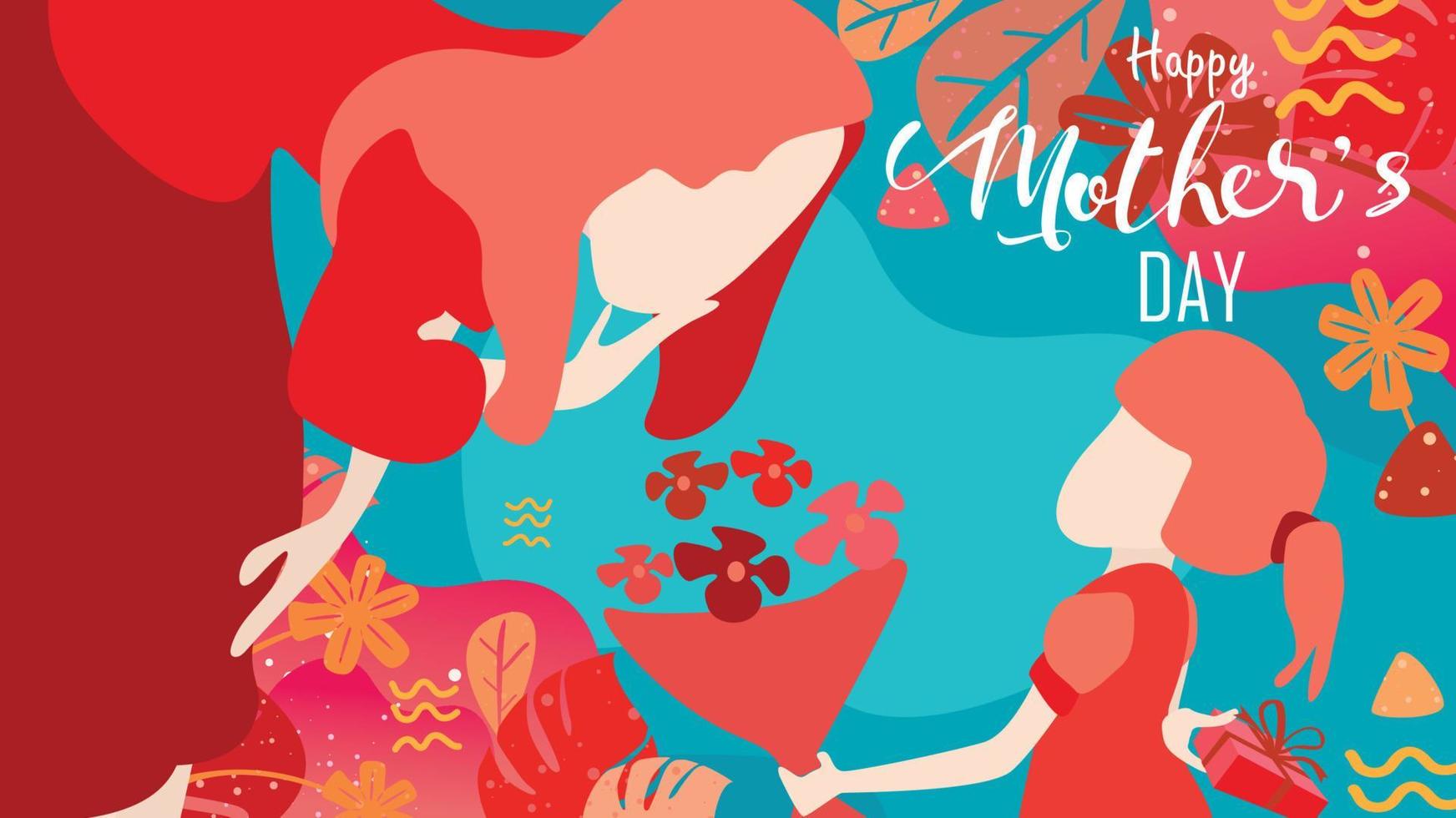 feliz dia das mães filha criança parabeniza a mãe e dá suas flores tulipas e uma caixa de presente nas costas. estilo de design plano de ilustração vetorial com cor coral viva na moda 2019. vetor