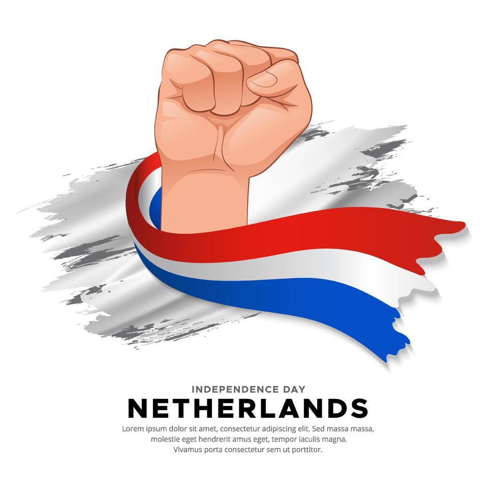 design do dia da independência da holanda com a mão segurando a bandeira. vetor de bandeira ondulada da holanda