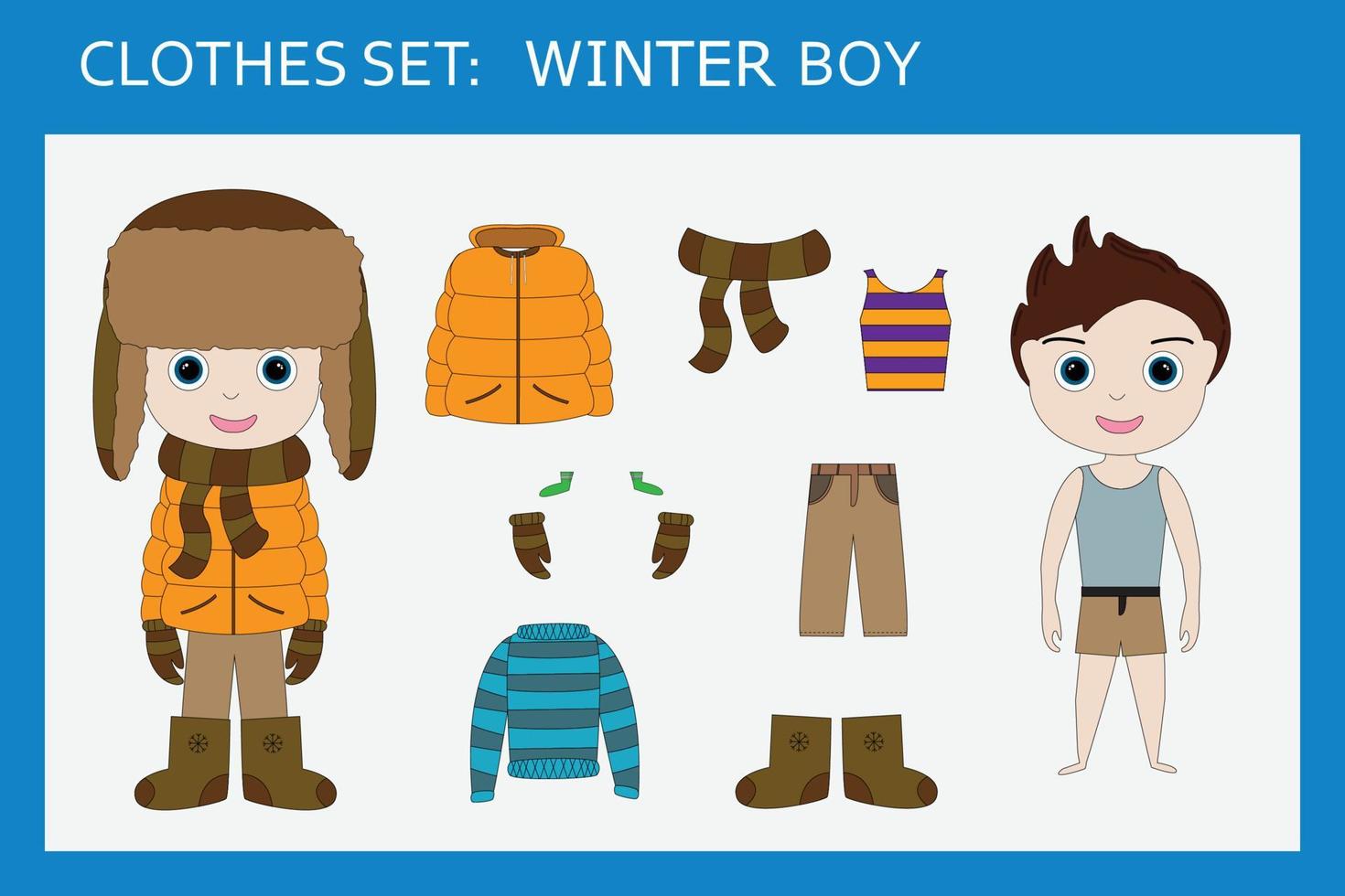 um conjunto de roupas para um menino alegre para o inverno vetor