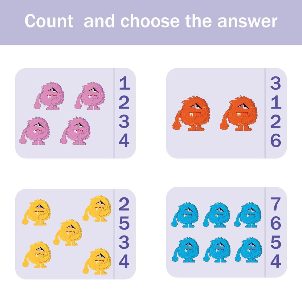 jogo de contagem para crianças pré-escolares. conte quantos monstros vetor