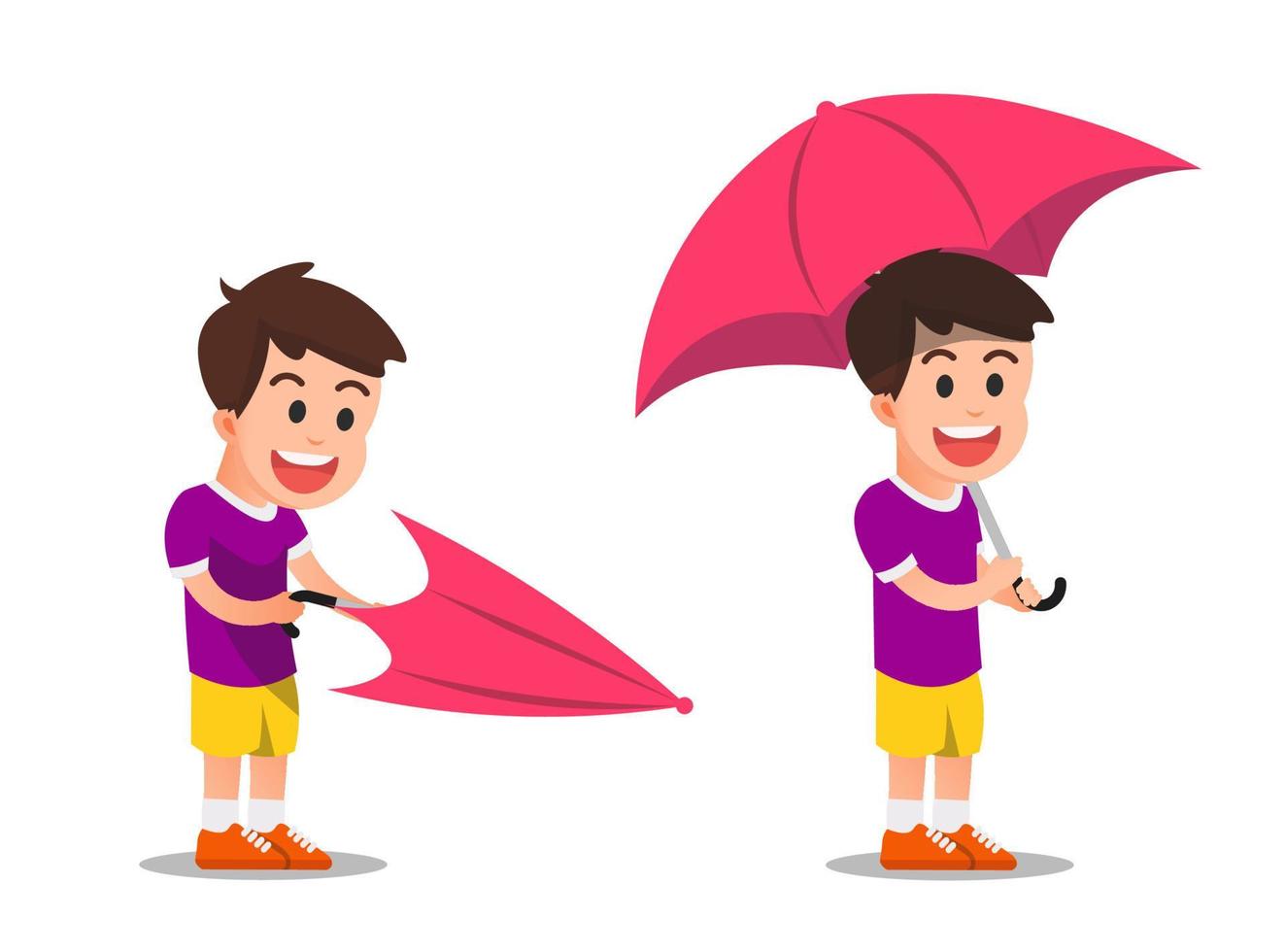 a pose de um menino abrindo um guarda-chuva vetor