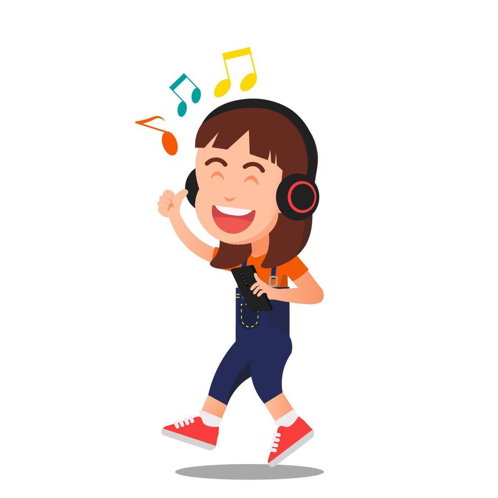 uma menina alegremente ouvindo música com fone de ouvido vetor