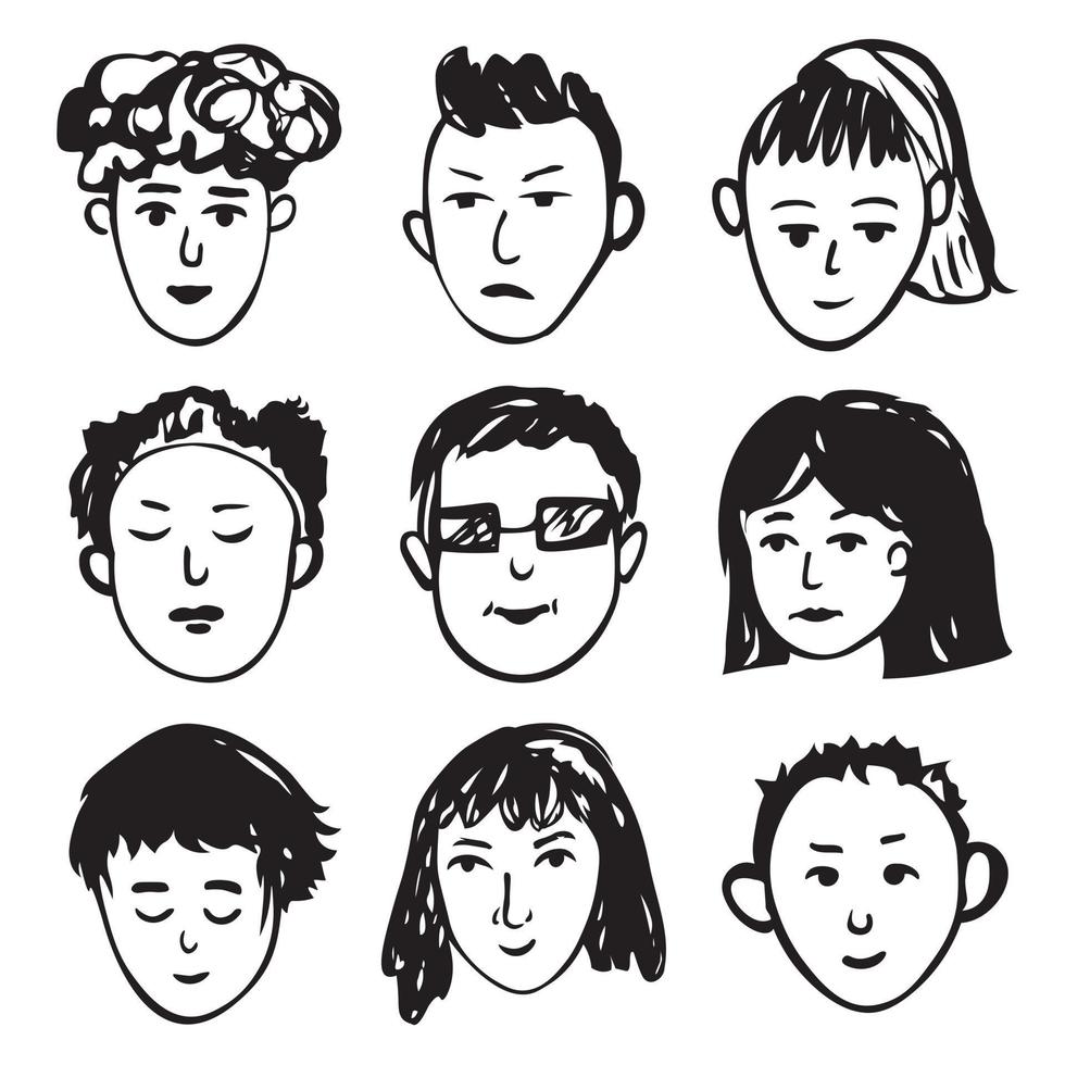 conjunto vetorial de rostos de doodle desenhados à mão de pessoas diferentes com emoções diferentes vetor