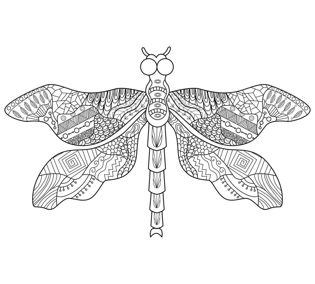 ilustração linear de contorno para colorir com libélula decorativa. belo inseto, imagem anti-stress. design de arte linear para adultos ou crianças no estilo de bola zen, tatuagem e coloração. vetor