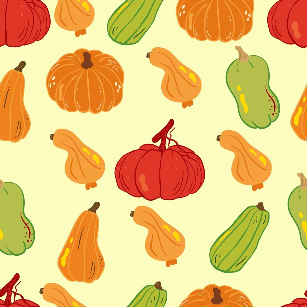 bonito padrão de outono com abóboras. ilustração vetorial com rabiscos sobre o tema do outono aconchegante para decoração de interiores, impressão de cartazes, cartões de felicitações, banners de negócios, embalagem em um memph moderno vetor