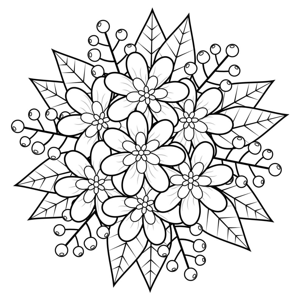 lindo buquê de flores botânicas e deixe a mão desenhar desenho de flores em preto e branco para livro de colorir adulto. vetor