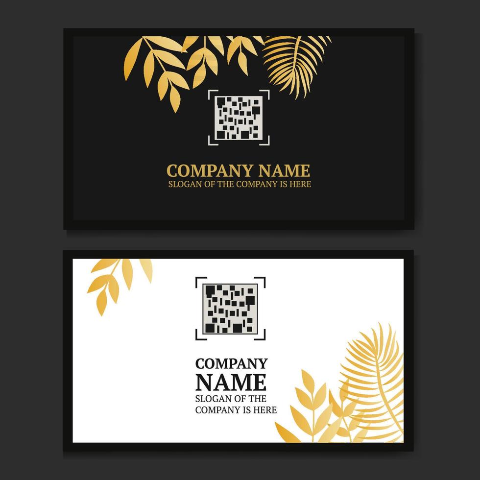 cartão de visita preto e branco com galhos de folha dourada, com um lugar para um código qr, para sua empresa ou marca, ilustração vetorial. vetor
