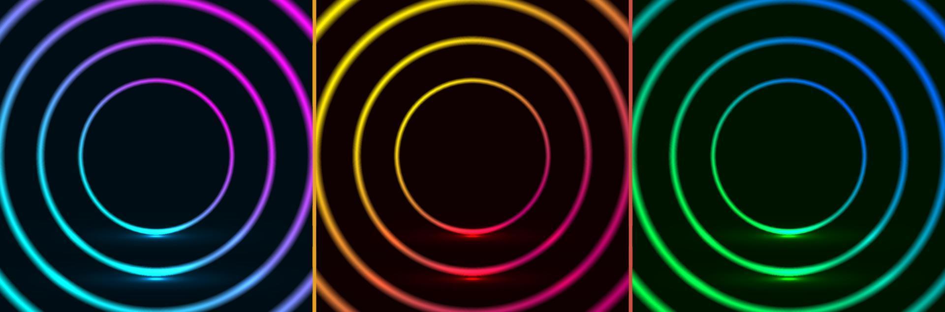 conjunto de círculos de iluminação de néon brilhantes coloridos estilo retrô padrão de design de quadro em fundo escuro vetor
