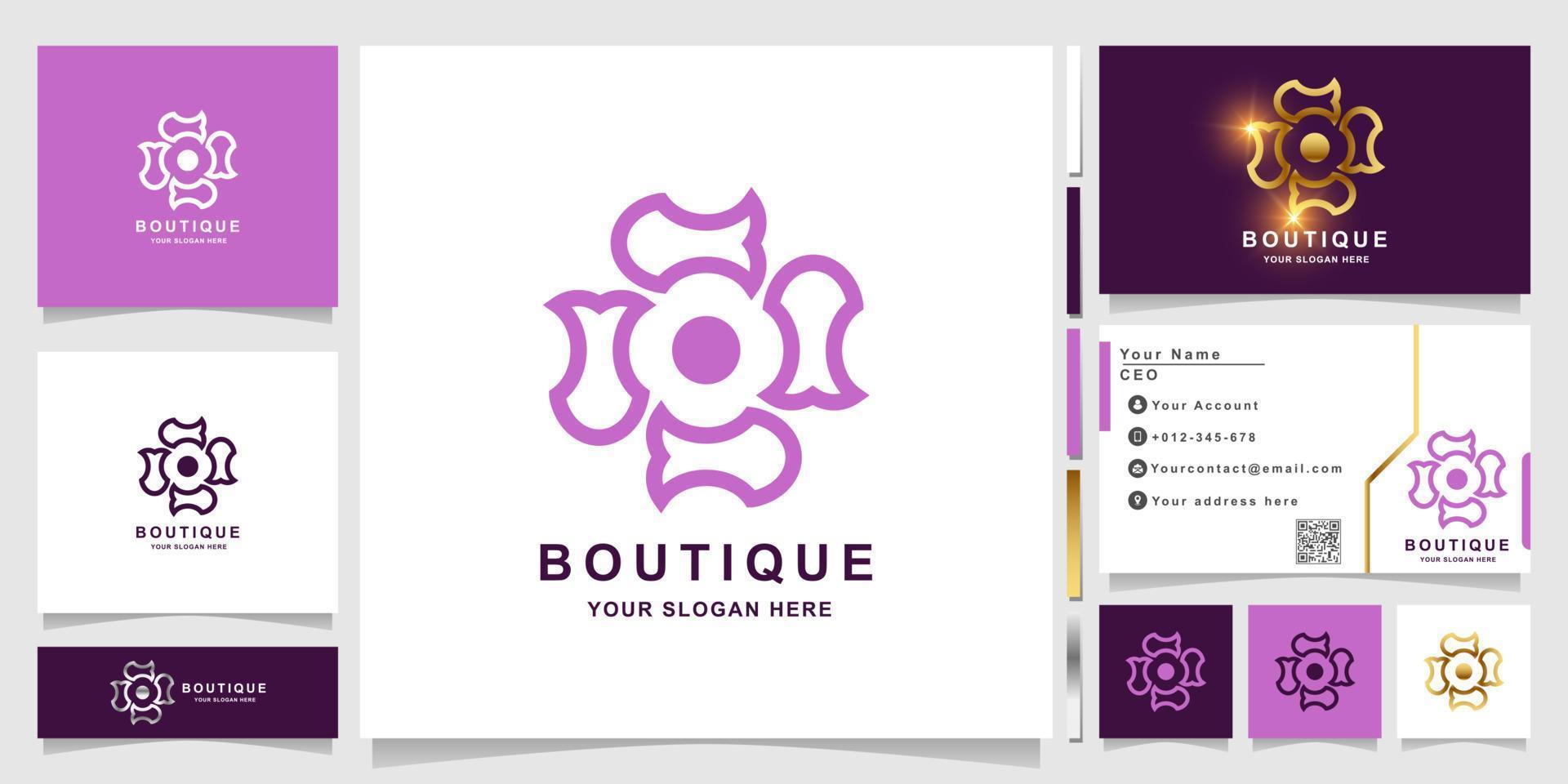 modelo de logotipo de flor, boutique ou ornamento com design de cartão de visita. vetor