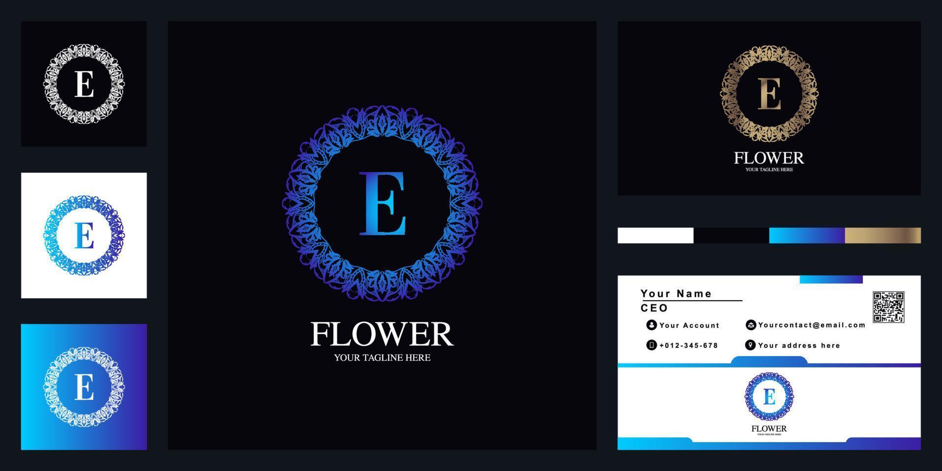 letra e design de modelo de logotipo de moldura de flor ornamento de luxo com cartão de visita. vetor