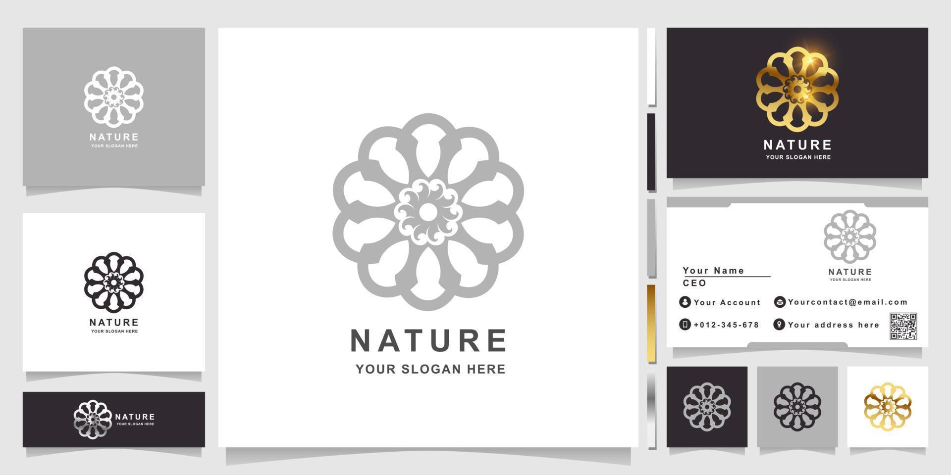 modelo de logotipo de natureza, flor, boutique ou ornamento com design de cartão de visita. pode ser usado design de logotipo de spa, salão, beleza ou boutique. vetor