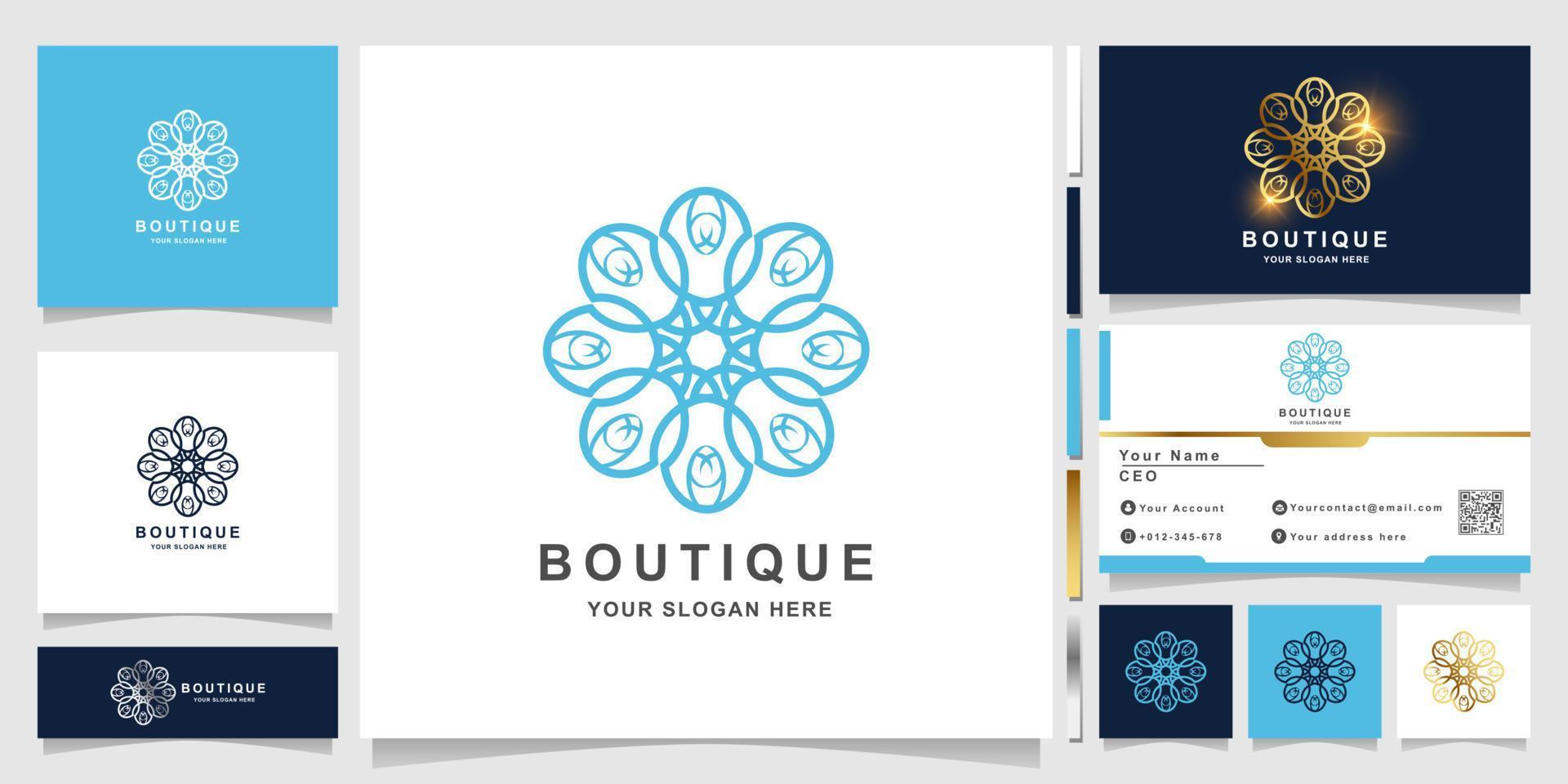 modelo de logotipo de flor, boutique ou ornamento com design de cartão de visita. pode ser usado design de logotipo de spa, salão, beleza ou boutique. vetor