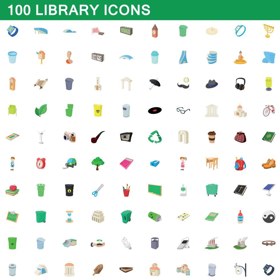 conjunto de 100 ícones de biblioteca, estilo cartoon vetor