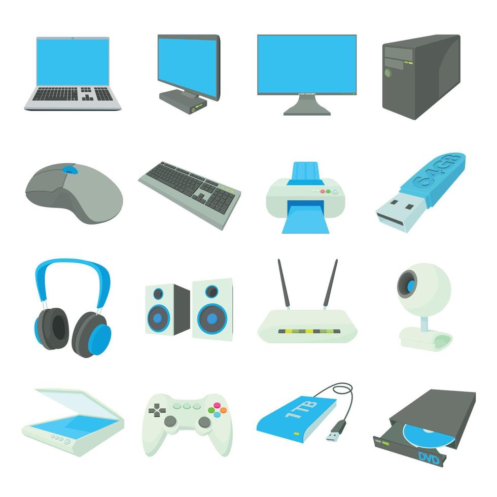 conjunto de ícones de equipamentos de computador, estilo cartoon vetor