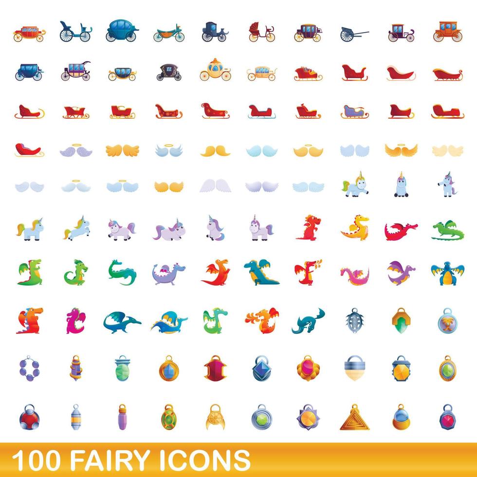 conjunto de 100 ícones de fadas, estilo cartoon vetor