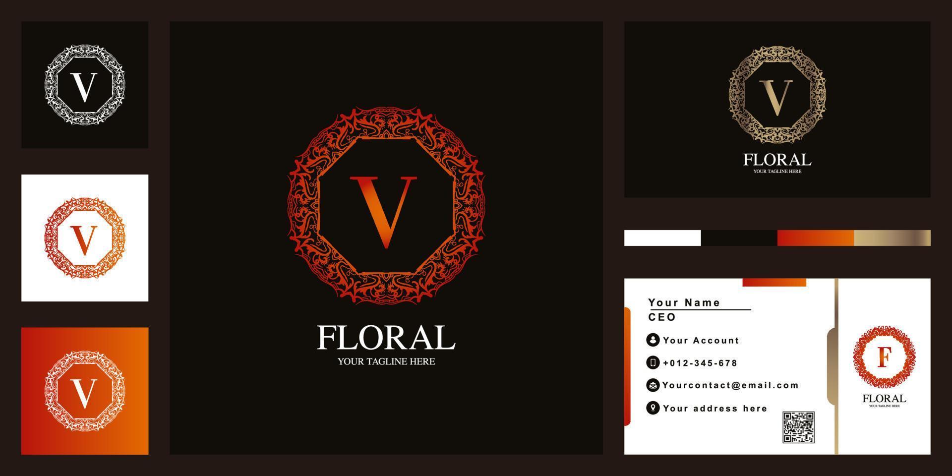 letra v design de modelo de logotipo de moldura de flor ornamento de luxo com cartão de visita. vetor