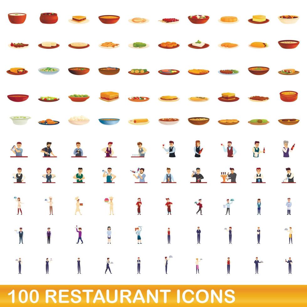 conjunto de 100 ícones de restaurante, estilo cartoon vetor