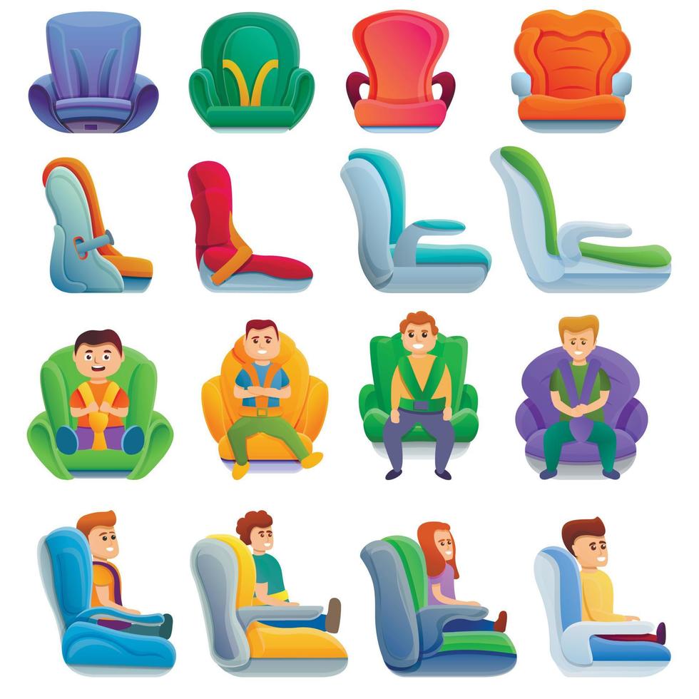 conjunto de ícones de assento de carro de bebê, estilo cartoon vetor
