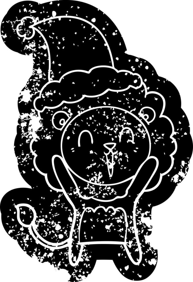 ícone angustiado de desenho de leão rindo de um chapéu de papai noel vetor